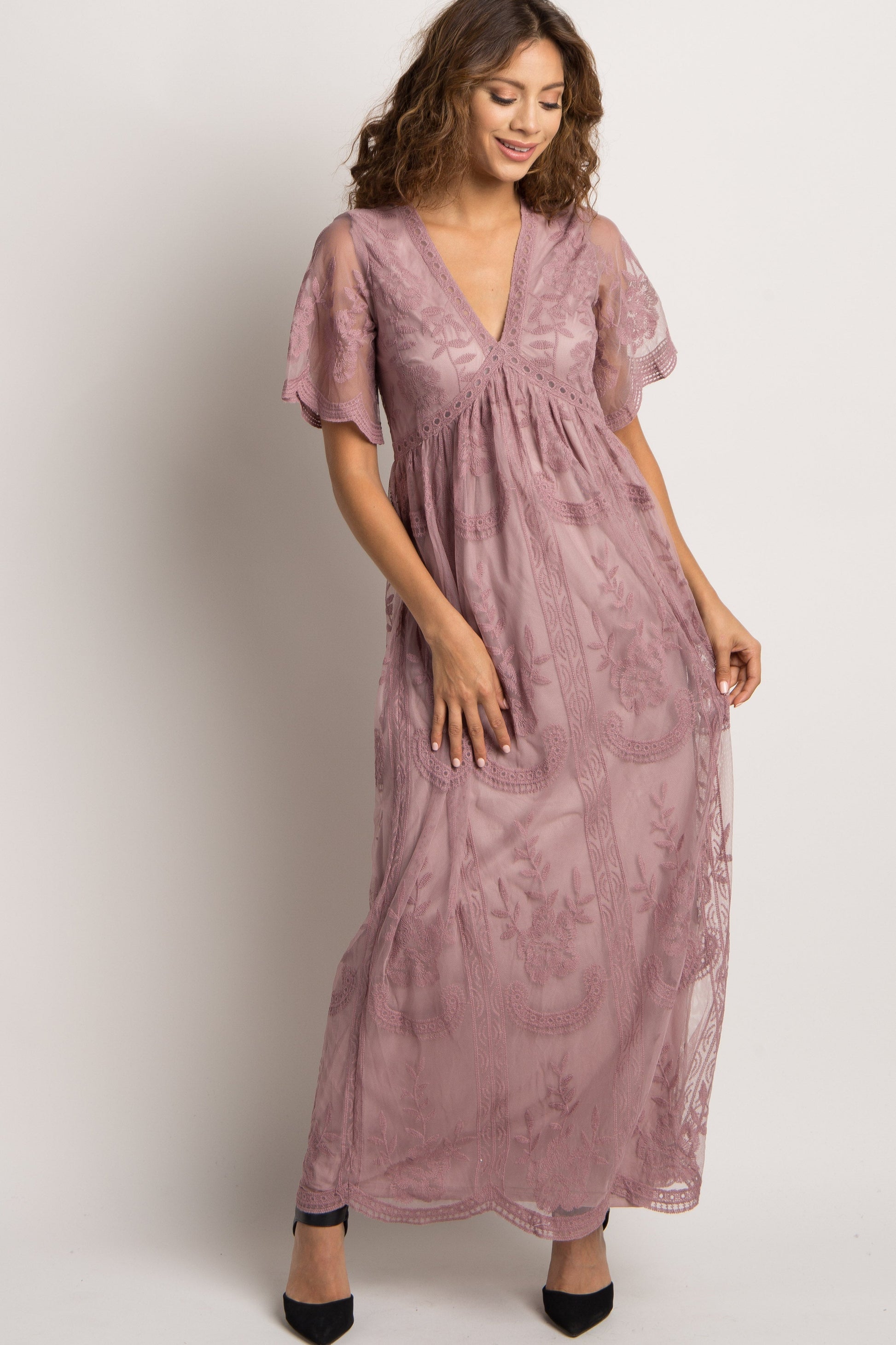 Mauve kanten mesh overlay Maxi-Jurk - Derksen Mode