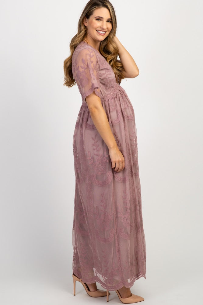 Mauve kanten mesh overlay Maxi-Jurk - Derksen Mode