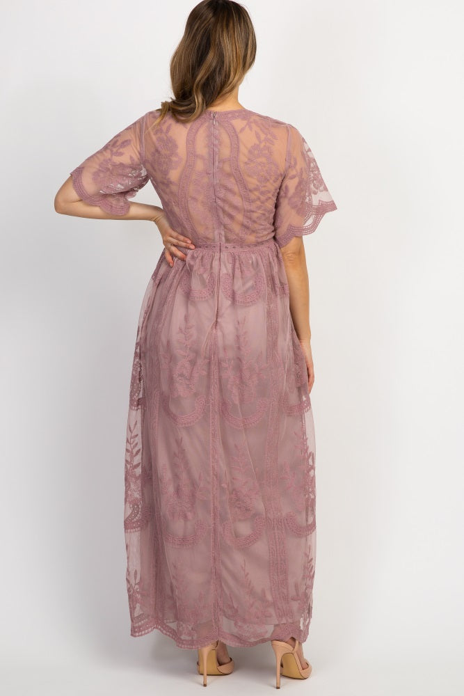 Mauve kanten mesh overlay Maxi-Jurk - Derksen Mode