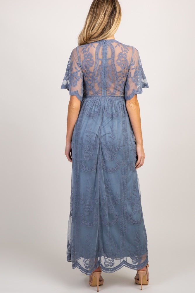 Blauwe kanten mesh overlay Maxi-Jurk - Derksen Mode