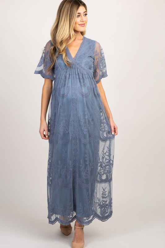 Blauwe kanten mesh overlay Maxi-Jurk - Derksen Mode