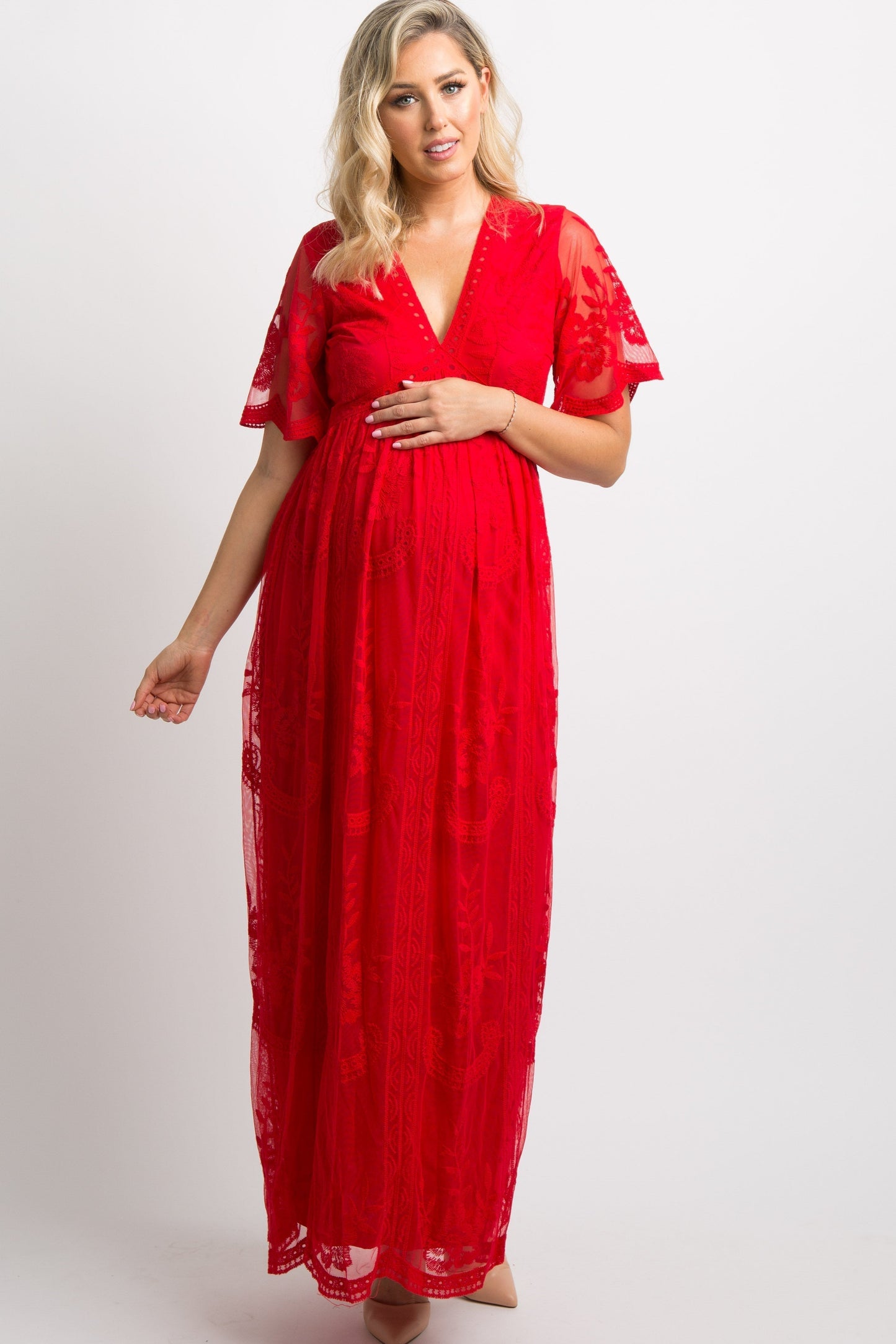 Rood kanten mesh overlay Maxi-Jurk - Derksen Mode