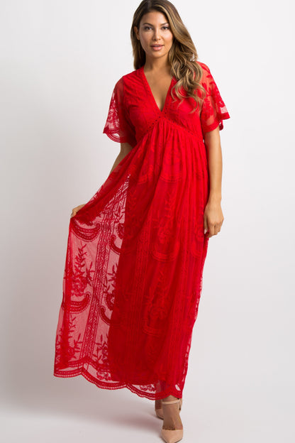 Rood kanten mesh overlay Maxi-Jurk - Derksen Mode