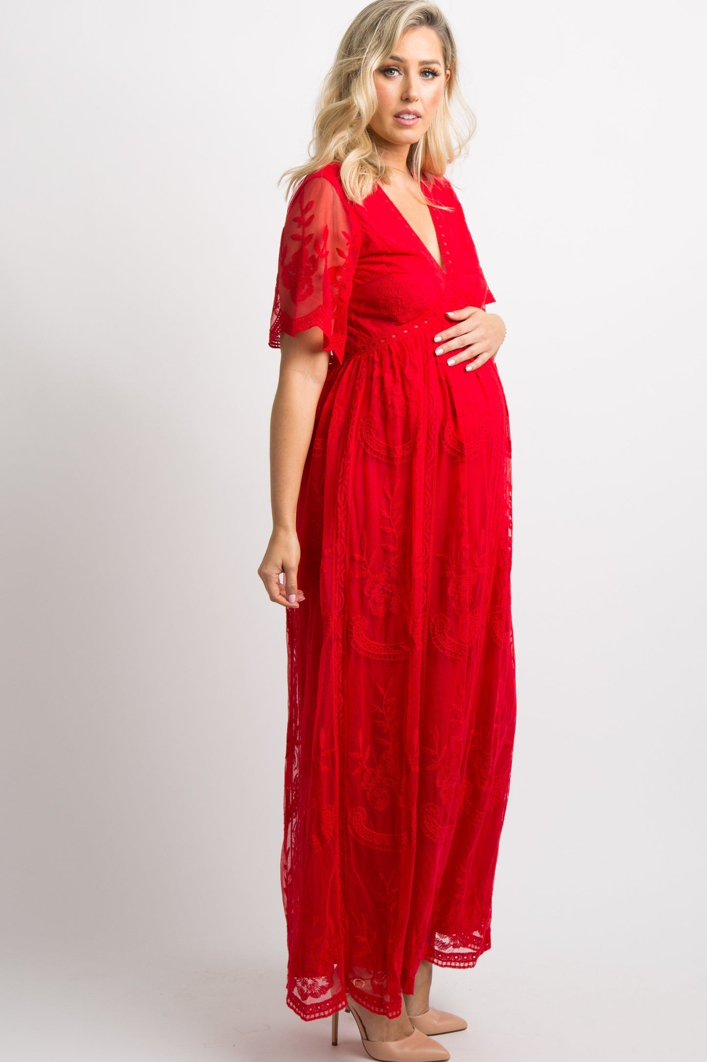 Rood kanten mesh overlay Maxi-Jurk - Derksen Mode