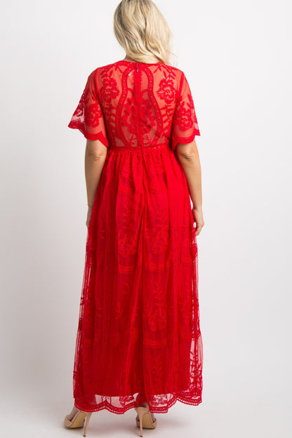 Rood kanten mesh overlay Maxi-Jurk - Derksen Mode