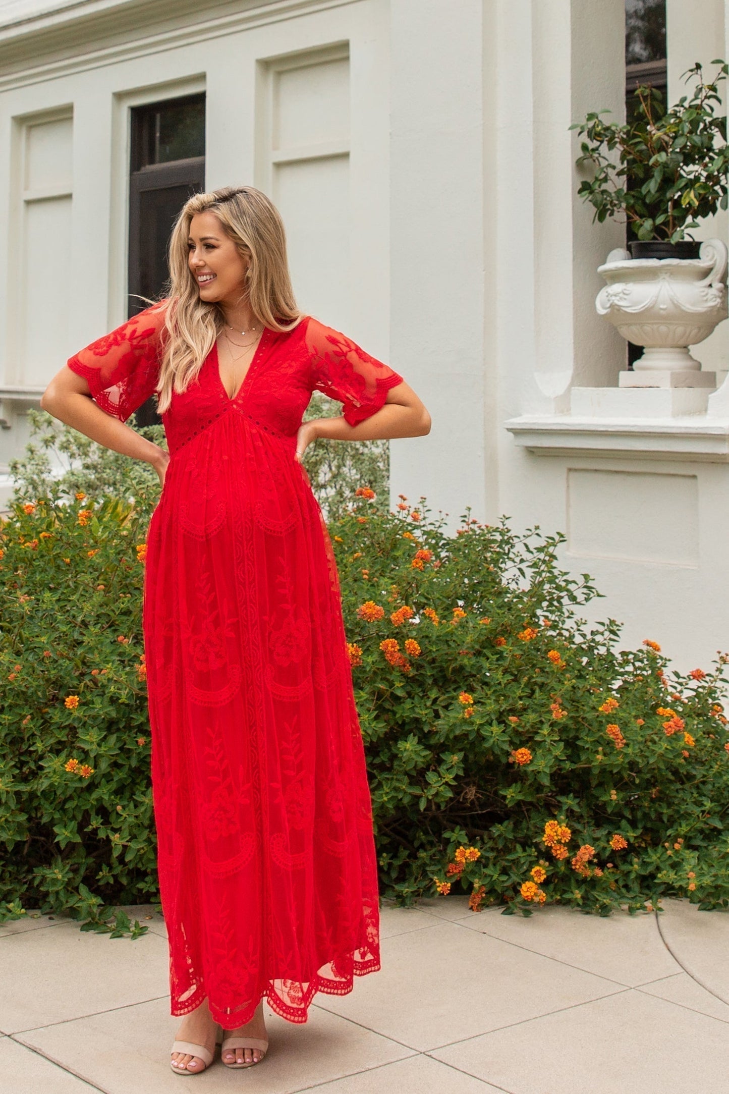 Rood kanten mesh overlay Maxi-Jurk - Derksen Mode