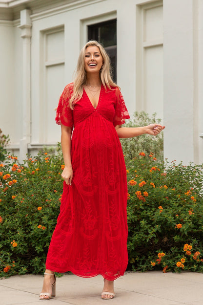 Rood kanten mesh overlay Maxi-Jurk - Derksen Mode