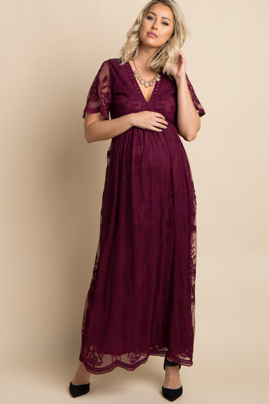 Burgundy kanten mesh overlay Maxi-Jurk - Derksen Mode