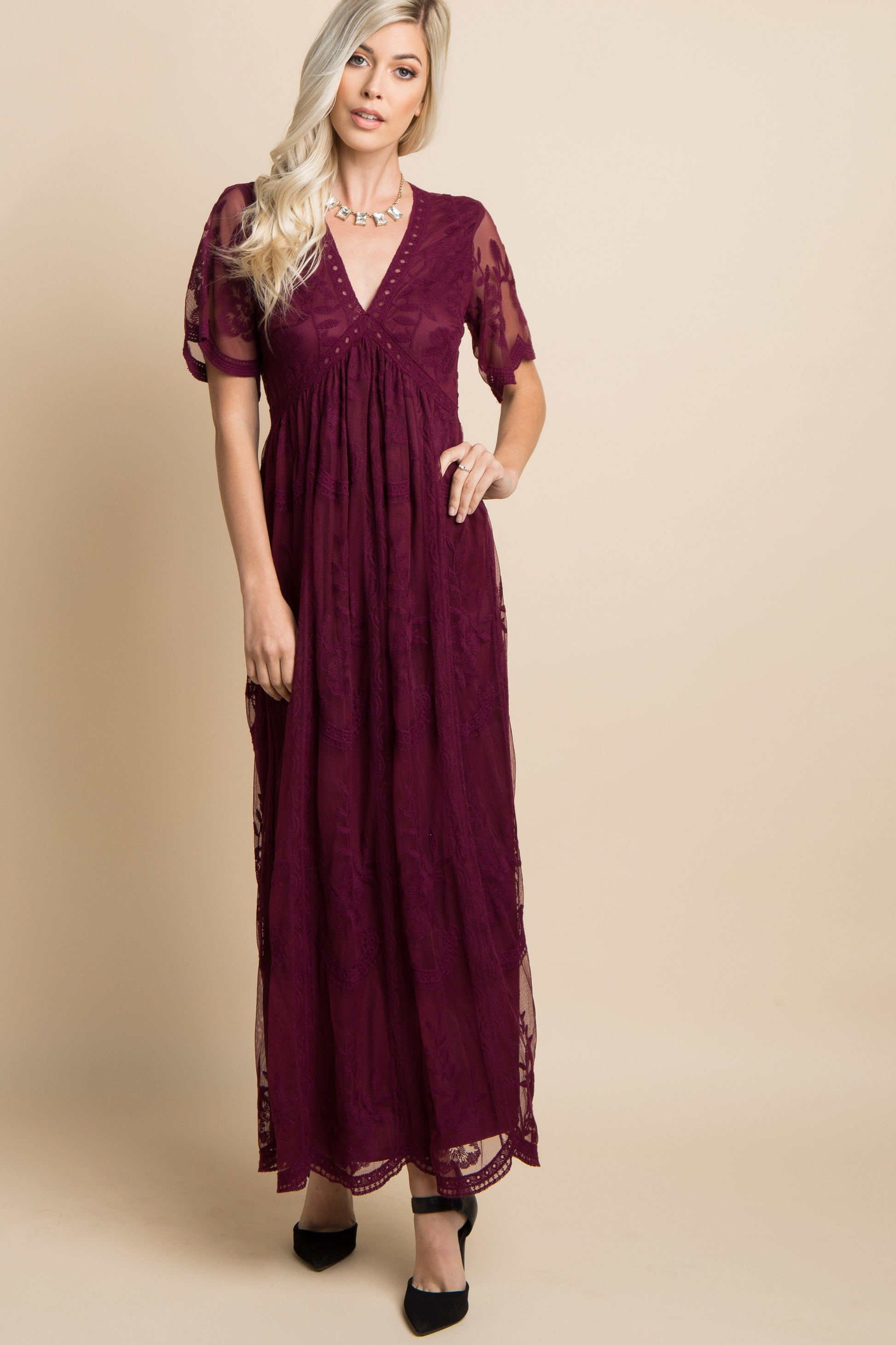 Burgundy kanten mesh overlay Maxi-Jurk - Derksen Mode