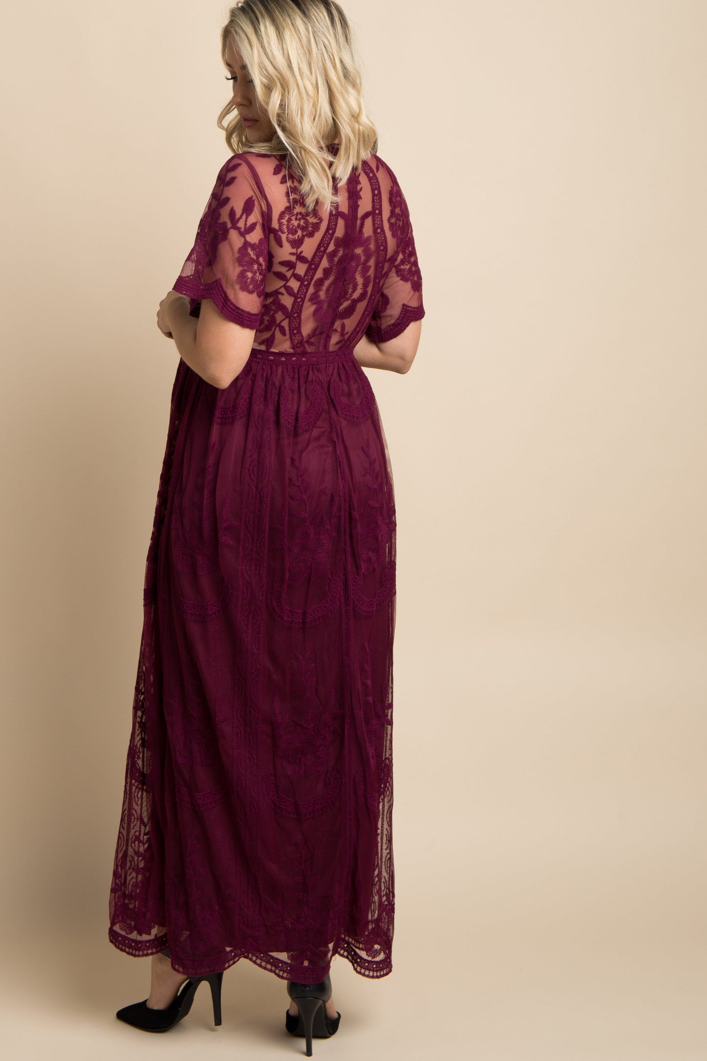 Burgundy kanten mesh overlay Maxi-Jurk - Derksen Mode