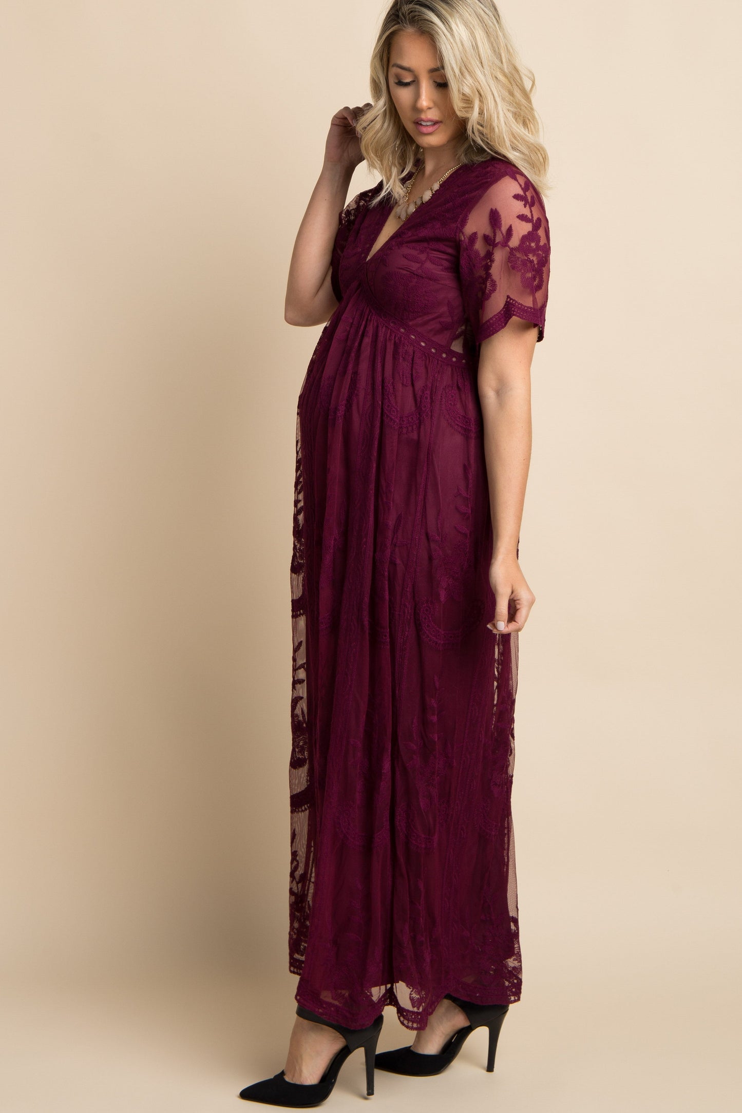 Burgundy kanten mesh overlay Maxi-Jurk - Derksen Mode