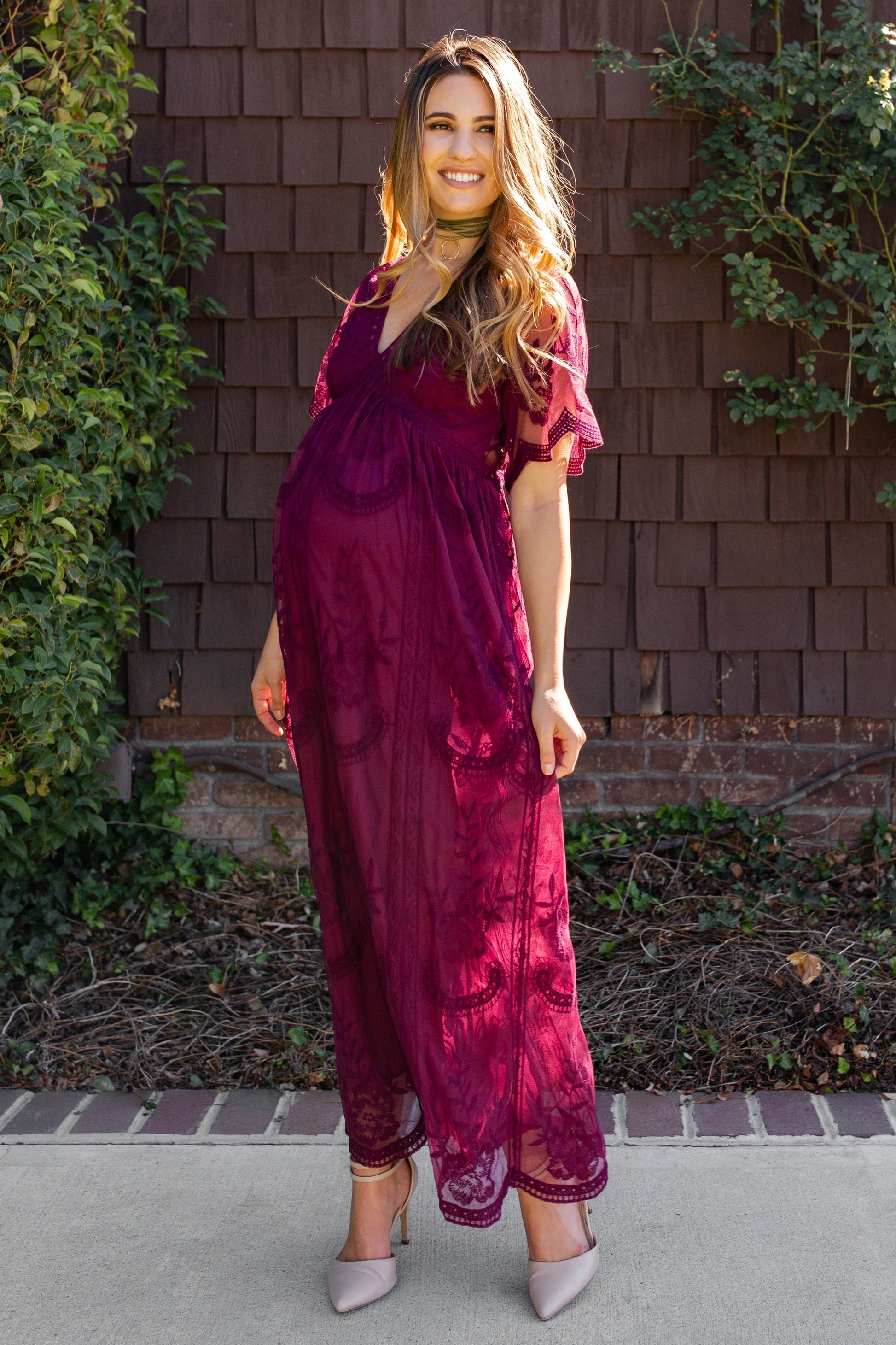 Burgundy kanten mesh overlay Maxi-Jurk - Derksen Mode