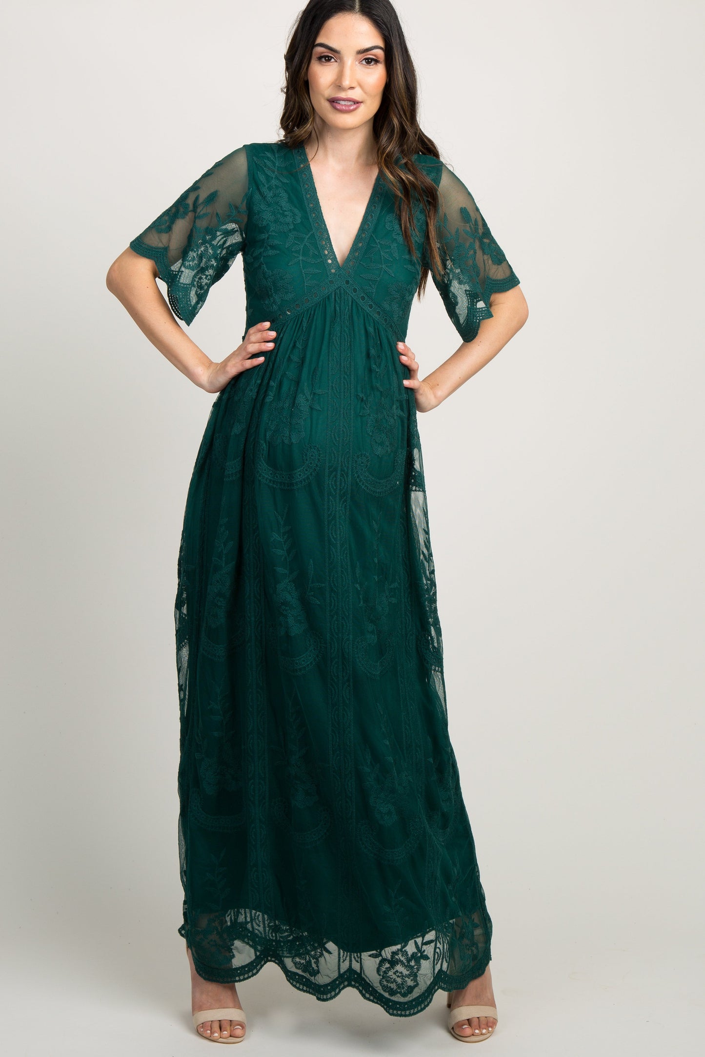 Groen kanten mesh overlay Maxi-Jurk - Derksen Mode