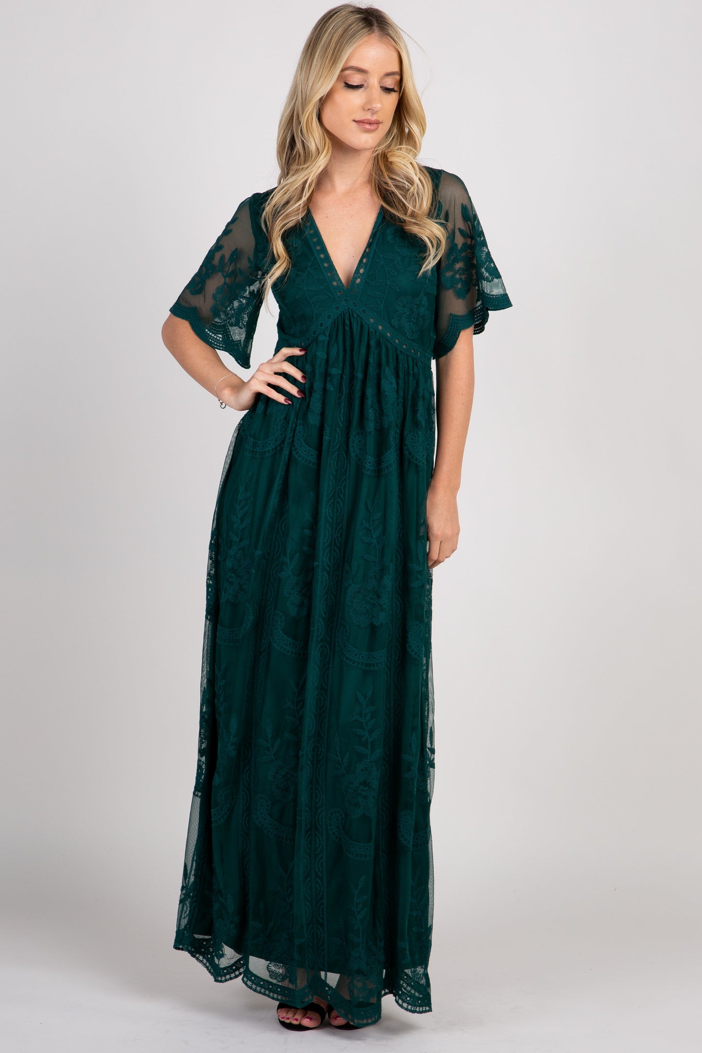 Groen kanten mesh overlay Maxi-Jurk - Derksen Mode