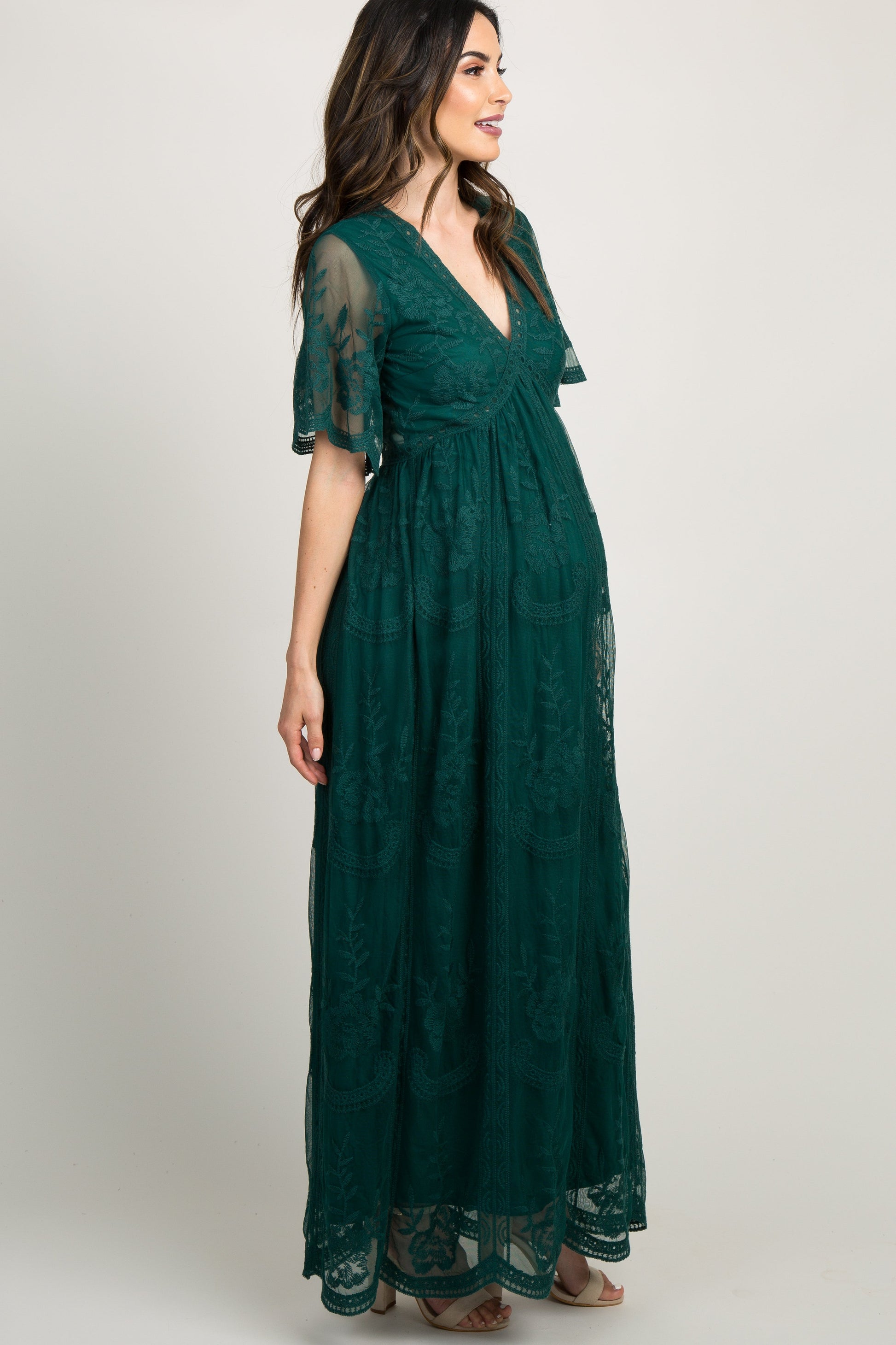 Groen kanten mesh overlay Maxi-Jurk - Derksen Mode