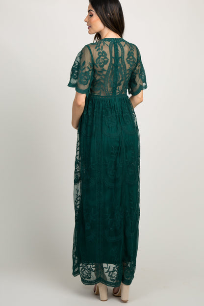 Groen kanten mesh overlay Maxi-Jurk - Derksen Mode