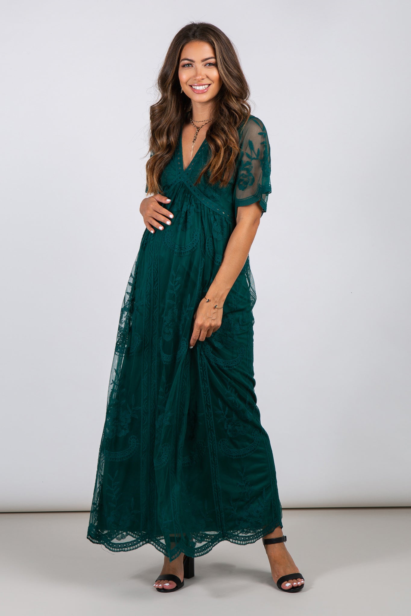 Groen kanten mesh overlay Maxi-Jurk - Derksen Mode