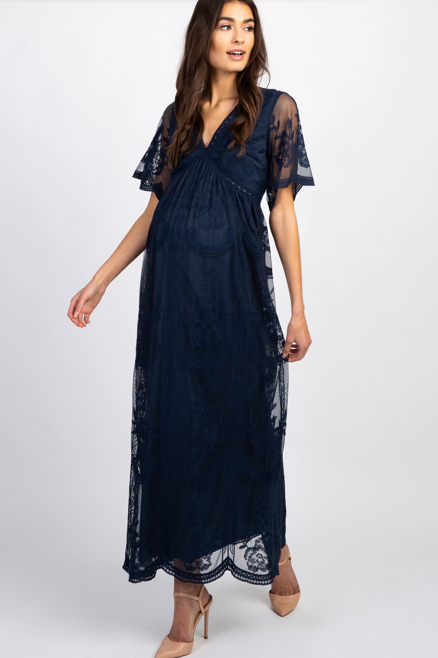 Donker blauw kanten mesh overlay Maxi-Jurk - Derksen Mode