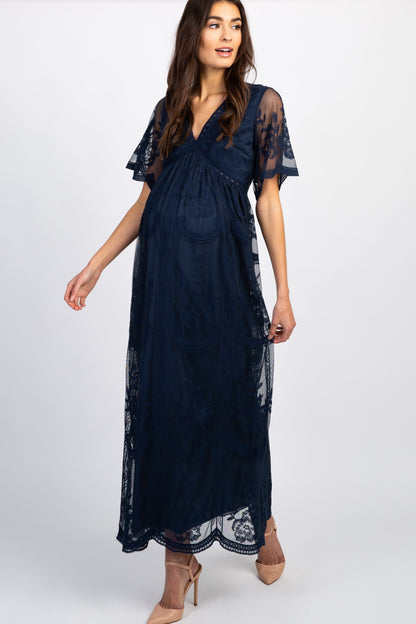 Donker blauw kanten mesh overlay Maxi-Jurk - Derksen Mode