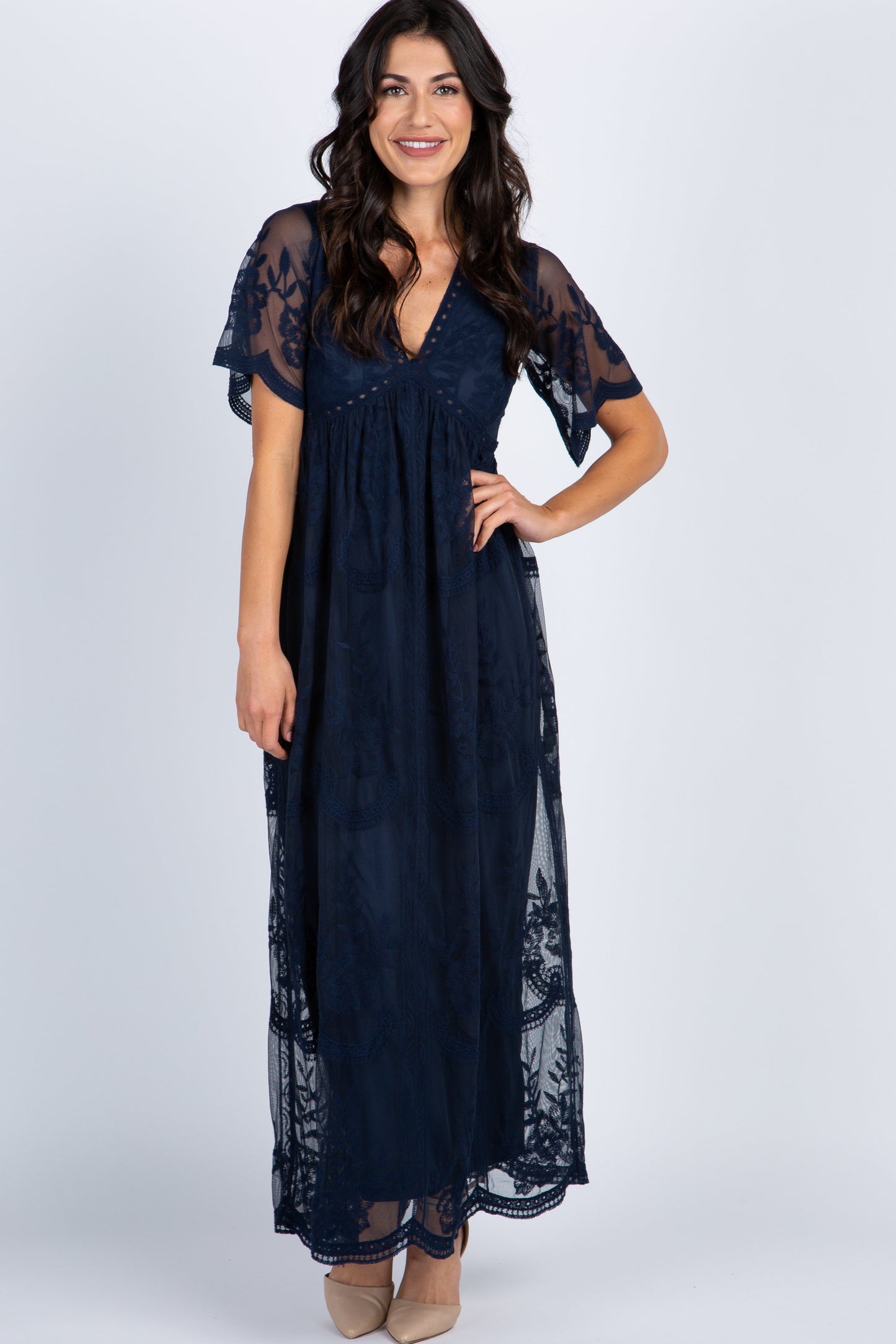 Donker blauw kanten mesh overlay Maxi-Jurk - Derksen Mode