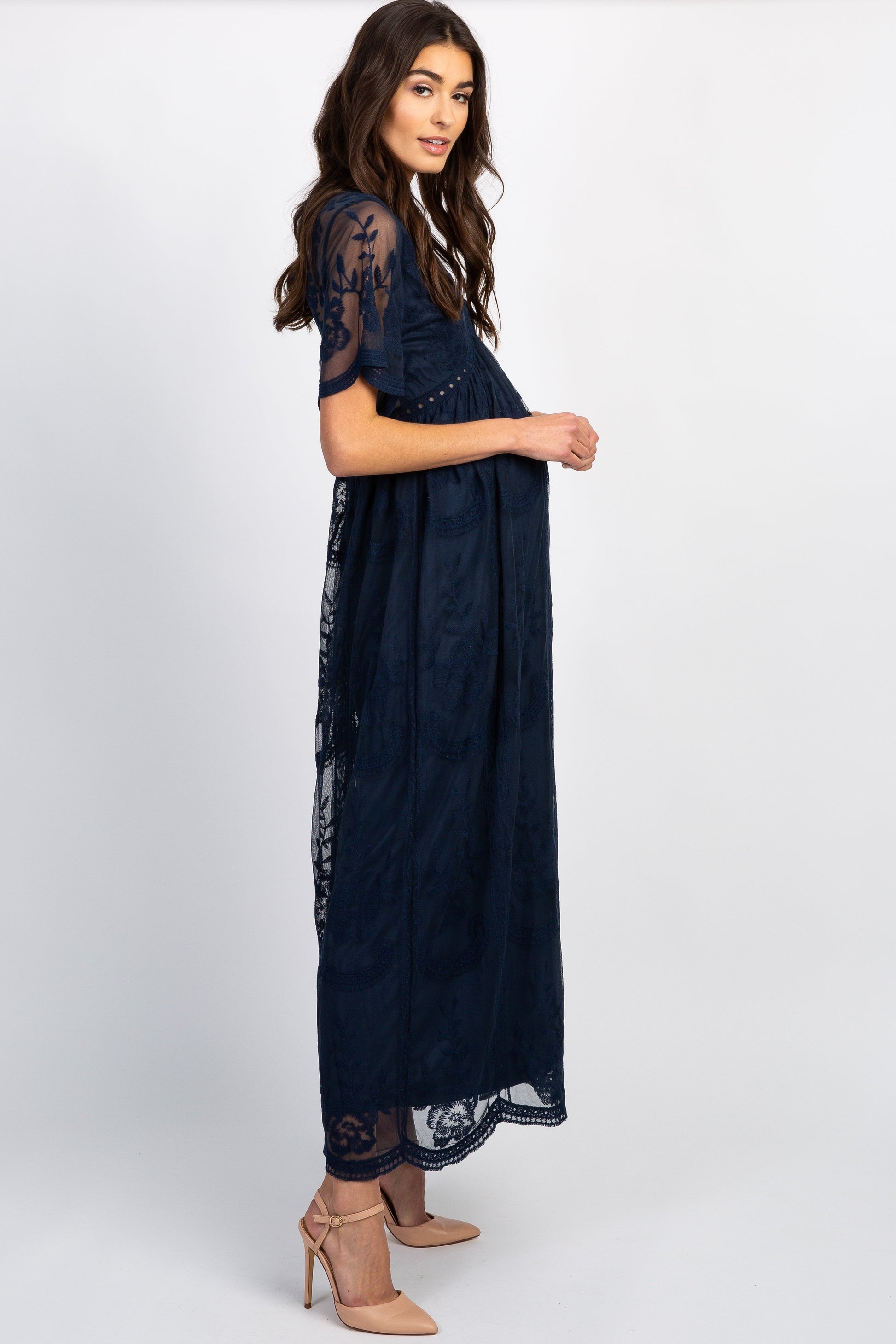 Donker blauw kanten mesh overlay Maxi-Jurk - Derksen Mode