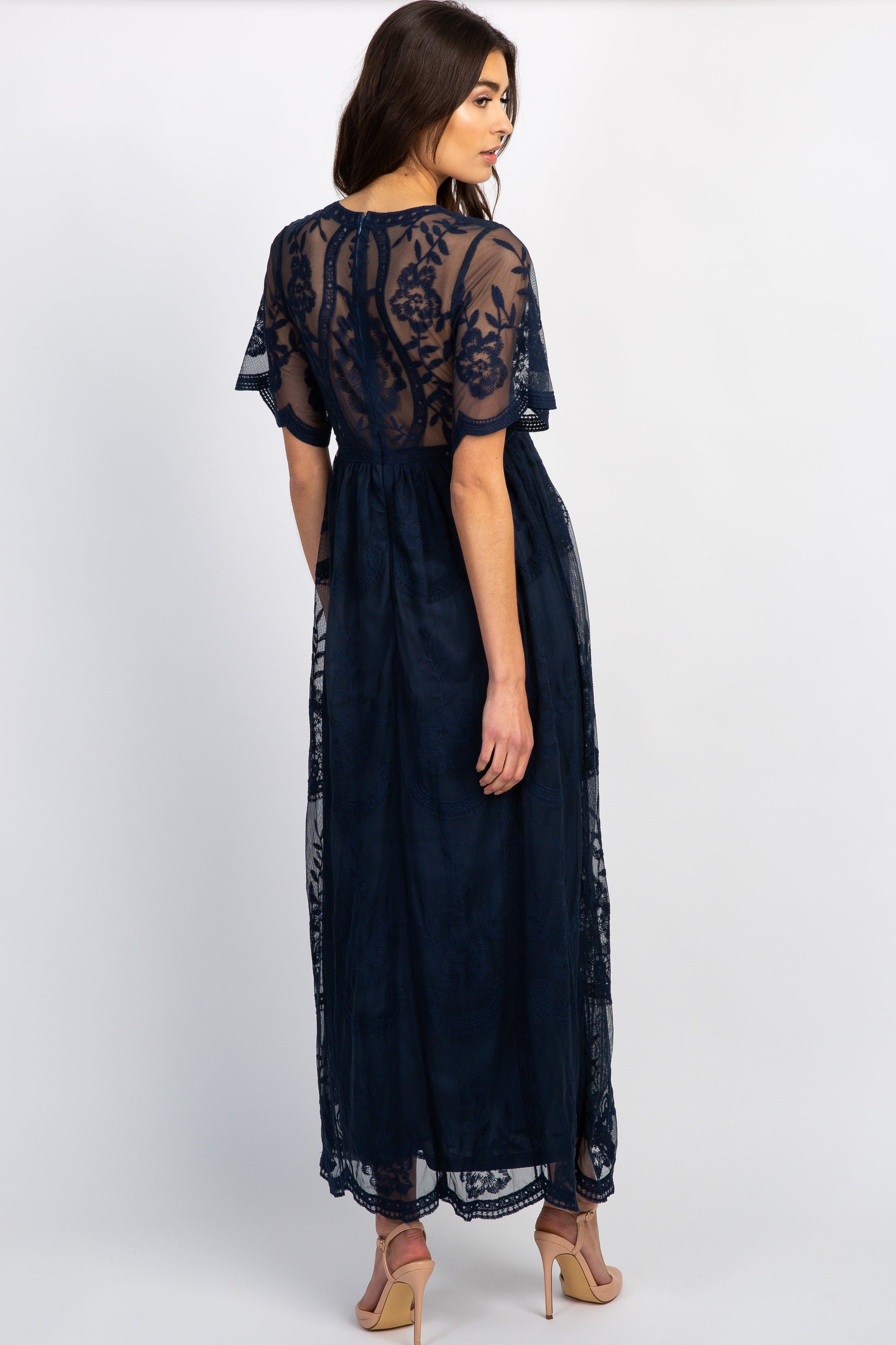 Donker blauw kanten mesh overlay Maxi-Jurk - Derksen Mode