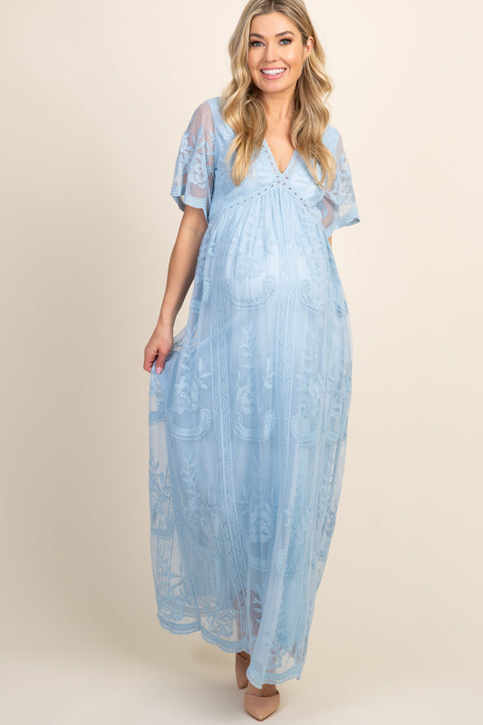 Licht blauw kanten mesh overlay Maxi-Jurk - Derksen Mode