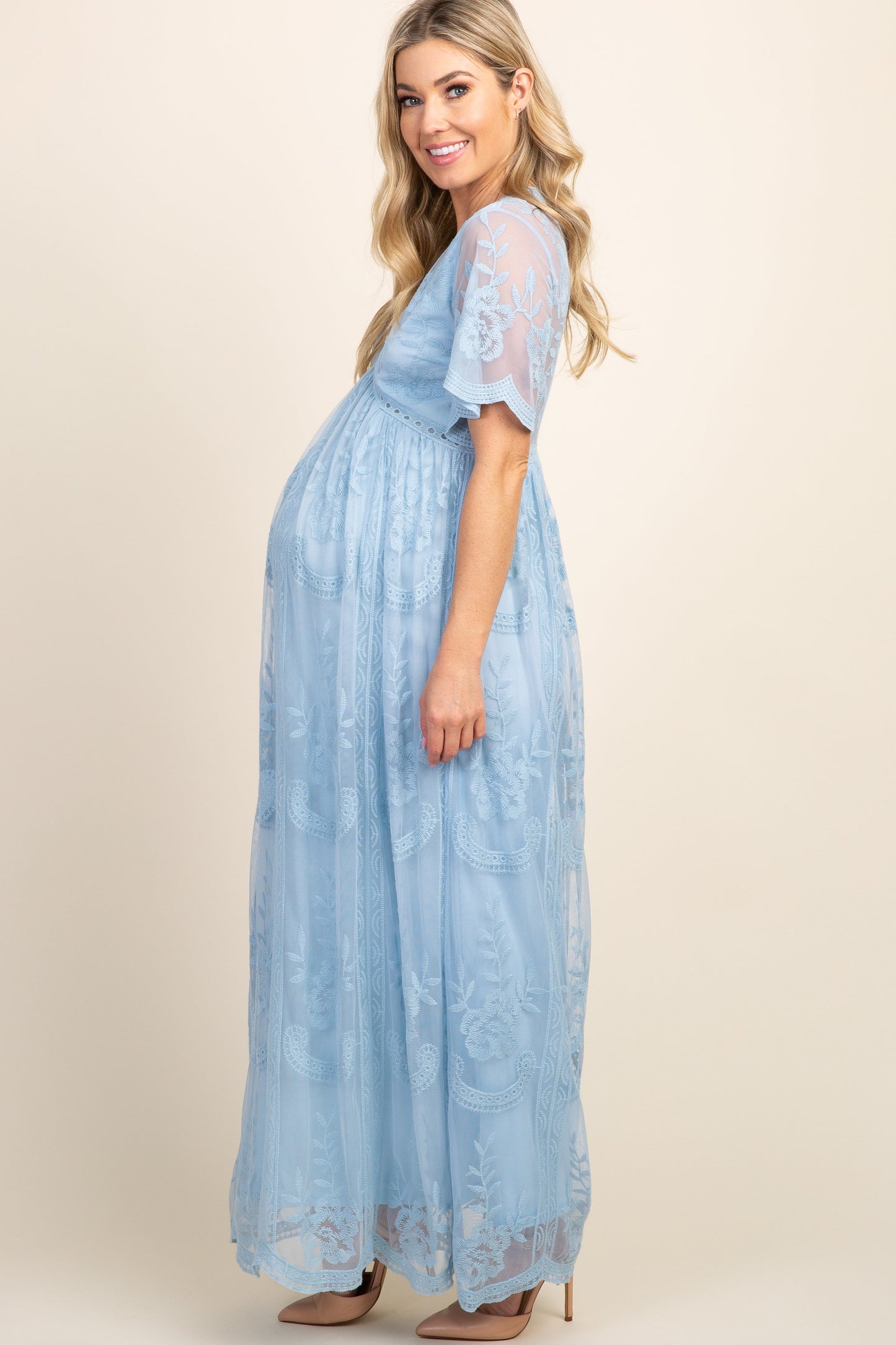 Licht blauw kanten mesh overlay Maxi-Jurk - Derksen Mode