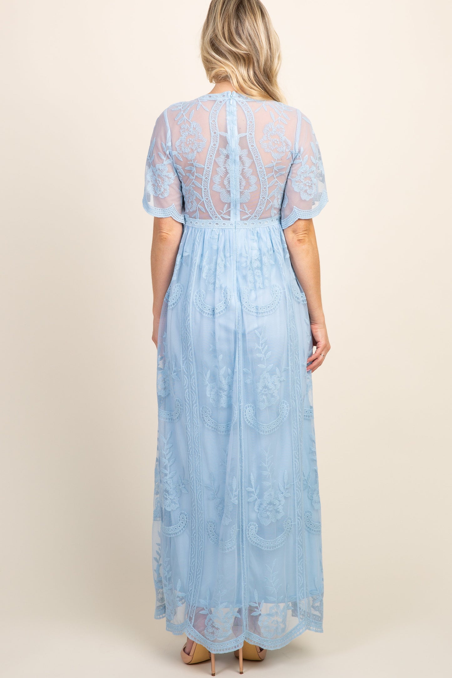 Licht blauw kanten mesh overlay Maxi-Jurk - Derksen Mode